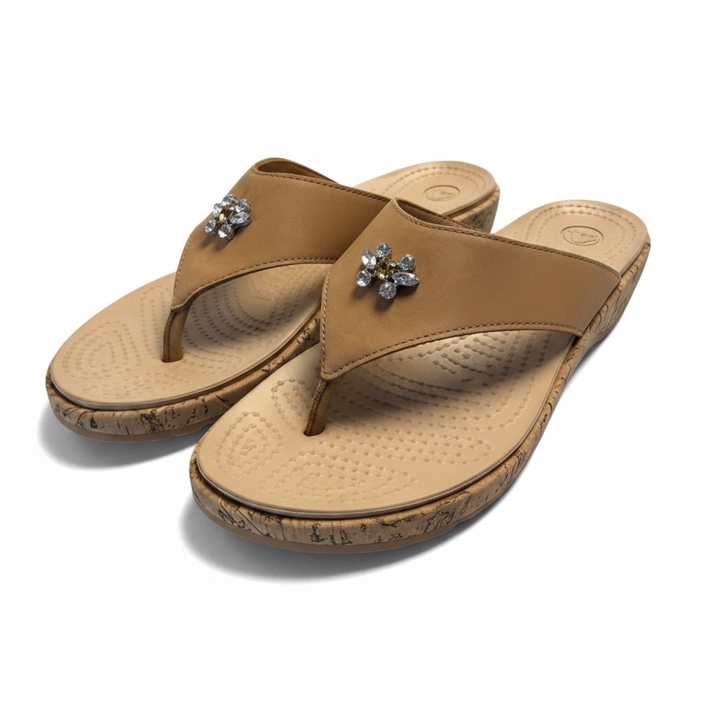 Crocs Brown Jewel Leather Cork Thong Wedge Sandal Rhinestone Embellished Size 9